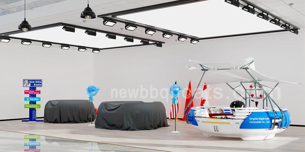BBQ boat for sale showroom display, brand new 6 seater floating round BBQ boat with sun canopy