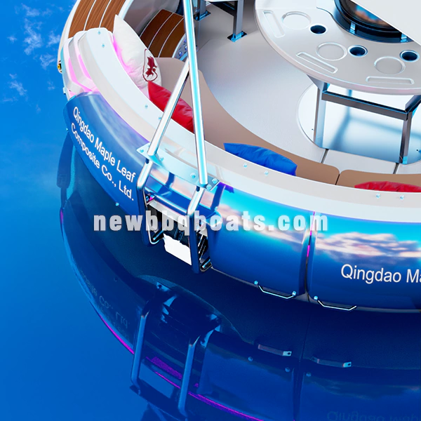 Close-up view of a BBQ boat’s customizable decorative panel with 216 free color options, showing Qingdao Maple Leaf Composite branding, LED lighting, and premium fiberglass construction